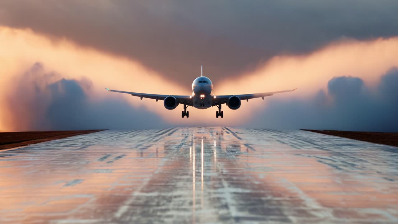 A majestic aircraft soaring through the skies, capturing the beauty of flight with striking reflections on the runway and a dramatic backdrop of clouds and sunlight during takeoff