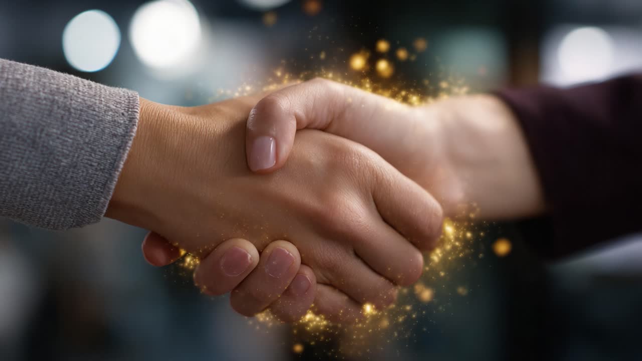 A Symbolic Handshake Representing Connection, Agreement, and Partnership Amidst Sparkling Effects and a Professional Setting that Signifies Collaboration and Unity