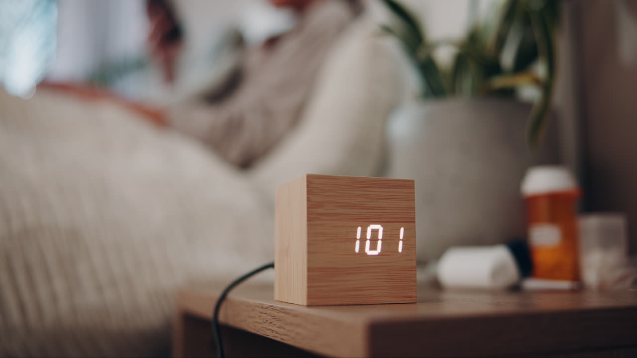 침대에 누워있는 여자와 디지털 알람 시계가 나이트 테이블에 있습니다.
