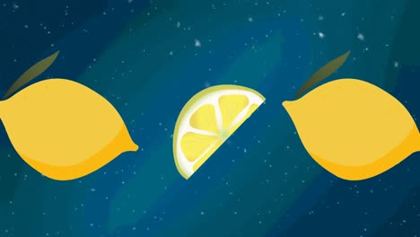 Animation-of-lemon-and-lemon-halves-falling-on-blue-background-with-dots