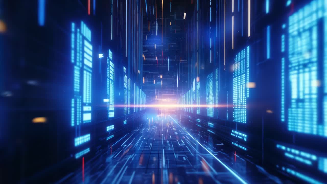 Futuristic digital corridor with glowing blue data panels