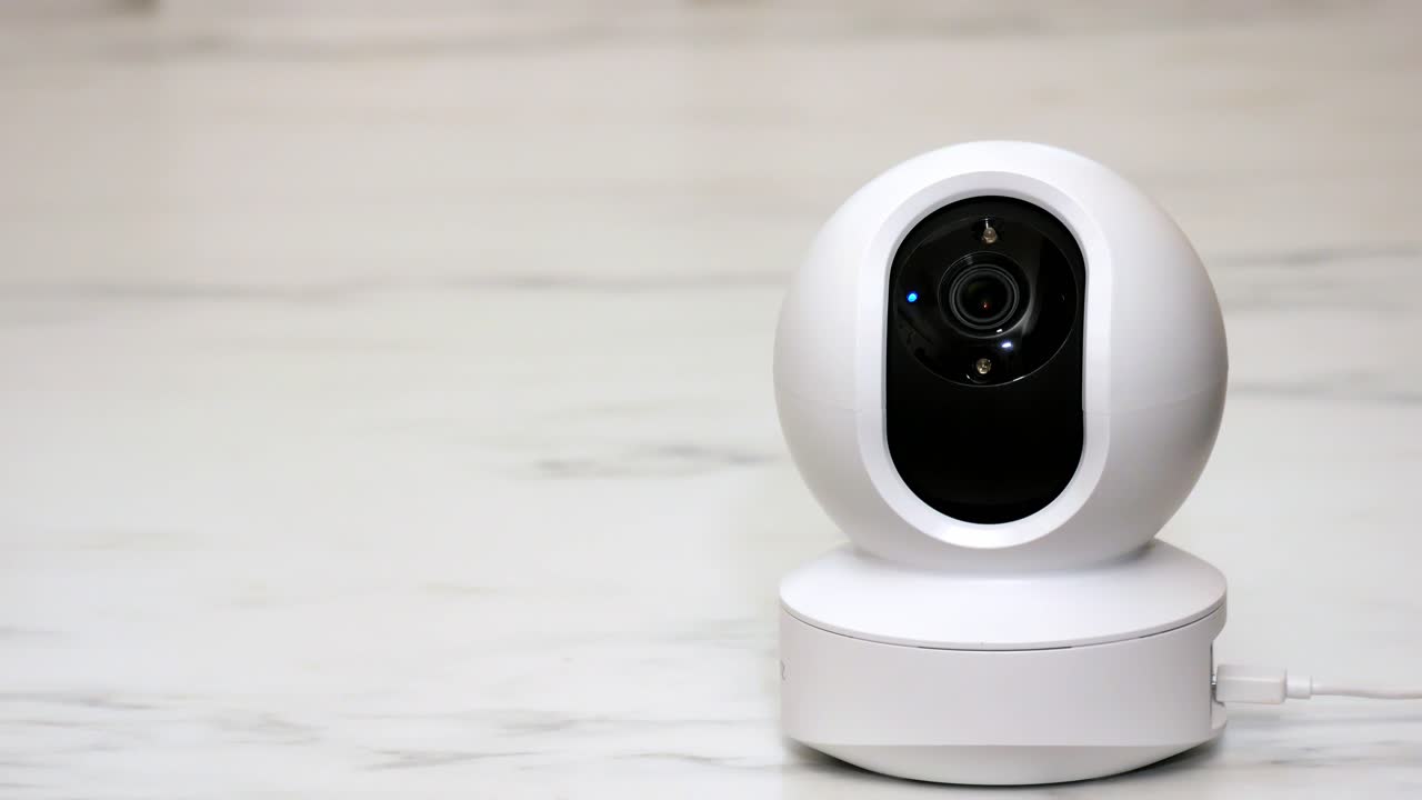 Telecamera di sicurezza IP wireless CCTV su sistema di sicurezza domestica intelligente azionato a distanza che si muove per filmare la stanza