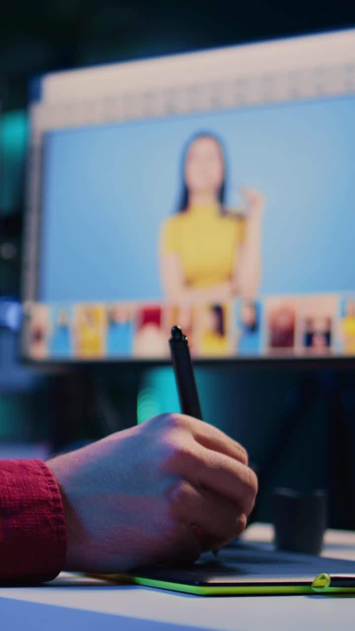 Un editor de fotos de vídeo vertical busca imágenes de sesiones fotográficas para encontrar y corregir fallos con una tableta gráfica