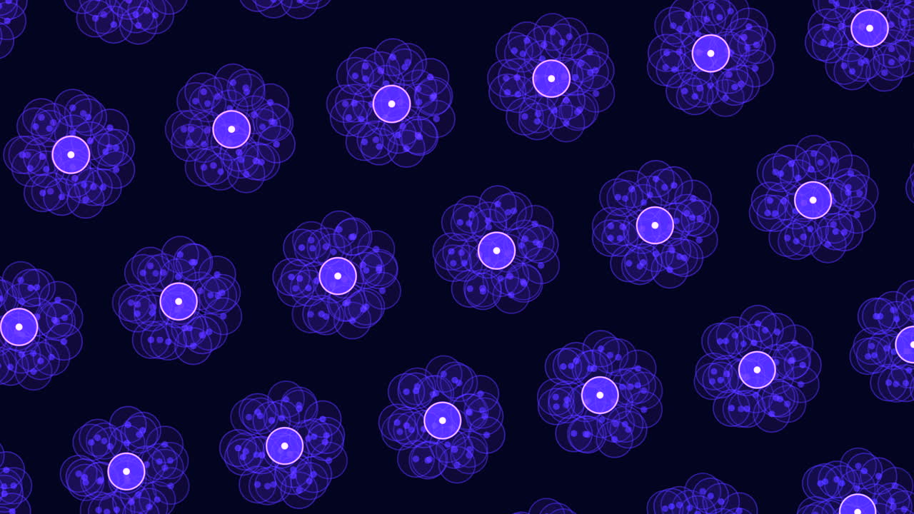A symmetrical arrangement of glowing blue and purple circles in a circular pattern against a dark background, creating a captivating and vibrant visual display