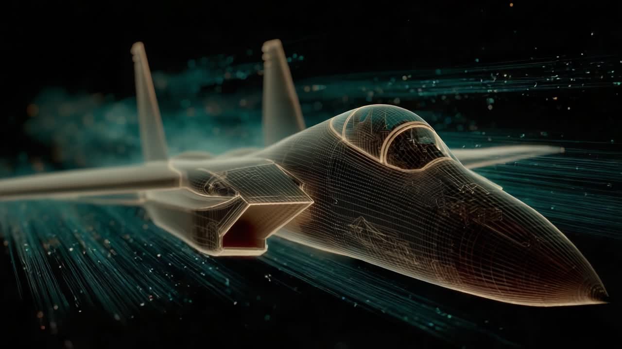 High-Tech Digital Rendering of a Futuristic Fighter Jet in Motion, Showcasing Advanced Aerodynamic Design and Cutting-Edge Technology in a Dark Background with Dynamic Light Trails