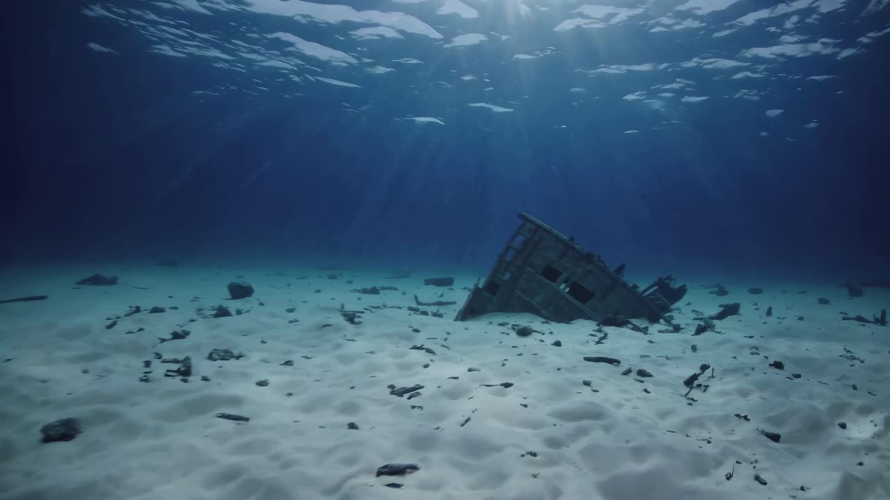 Underwater video of a sunken shipwreck on the ocean floor, captured from a low-angle