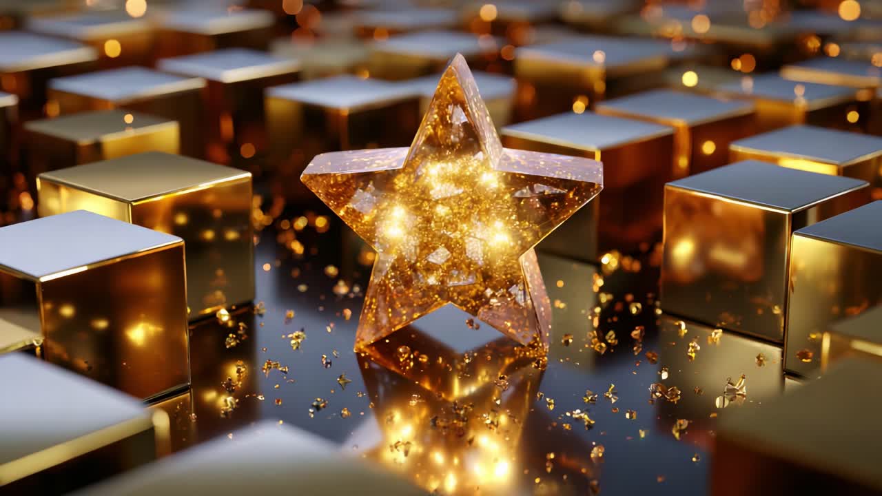 A dazzling golden star surrounded by sparkling cubes, capturing the essence of luxury and brilliance in a shimmering atmosphere filled with light and opulence, evoking a sense of elegance and grandeur