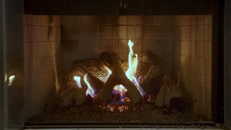 static shot of flames in indoor fireplace through grid guard, slow motion