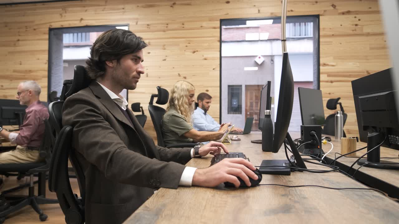 Busy business colleagues working on devices at desk in creative office