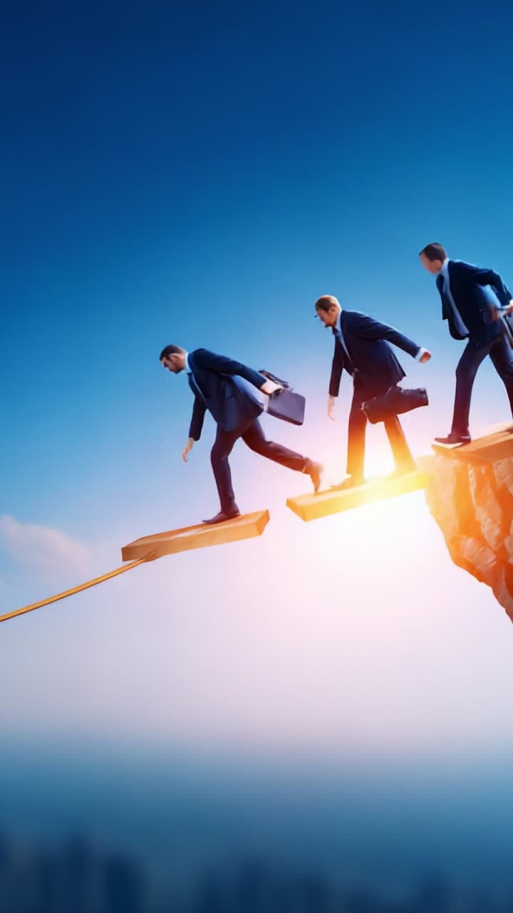Businessmen Walking on a Tightrope Over a Chasm, Symbolizing Risk, Ambition, and the Pursuit of Success in a Competitive Environment