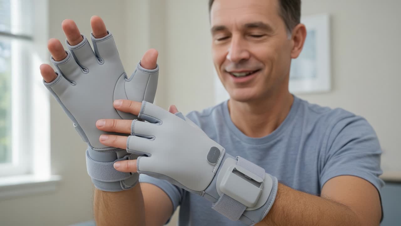 A man is seen adjusting and wearing a pair of high-tech assistive gloves designed for better hand mobility and support in daily activities and rehabilitation exercises