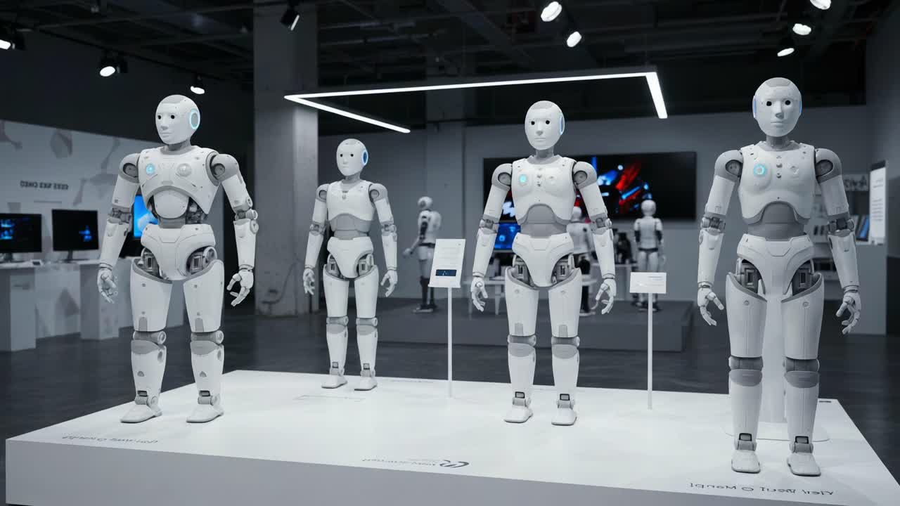 Showcasing Advanced Robotics: A Display of Four Interactive Humanoid Robots in a Modern Exhibit Space, Highlighting Innovations in Artificial Intelligence Technology