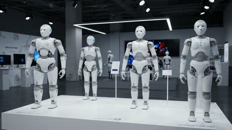 showcasing advanced robotics: a display of four interactive humanoid robots in a modern exhibit space, highlighting innovations in artificial intelligence technology