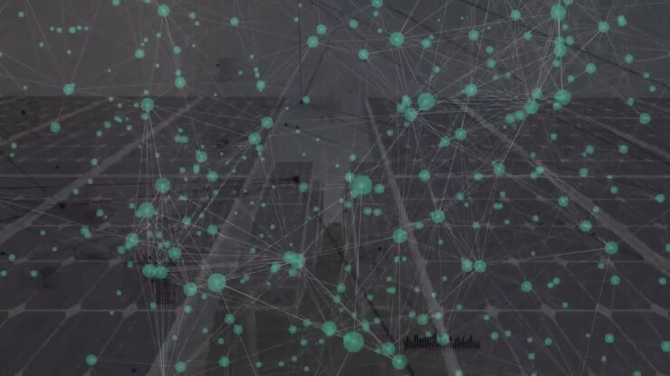 Animation of network of connections and data processing over solar panels