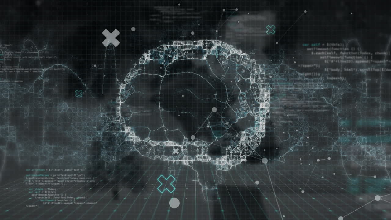 인간의 디지털 뇌와 컴퓨터 언어의 애니메이션으로 검은 바탕에 점이 있습니다.