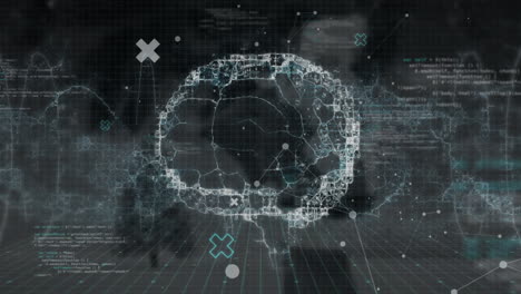 animation of human digital brain and computer language with dots over black background
