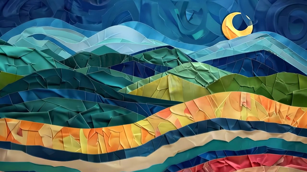 Abstract Paper Collage Landscape with Crescent Moon