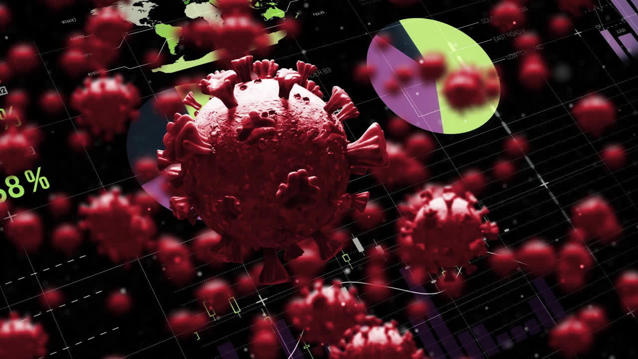 animación de células de covid-19 y estadísticas con procesamiento de datos