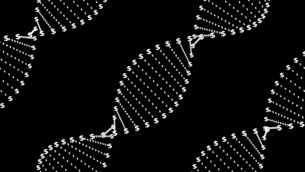 Mali map emerges from dollar-sign DNA string in this cinematic 4K animation, representing economic strength and creativity.