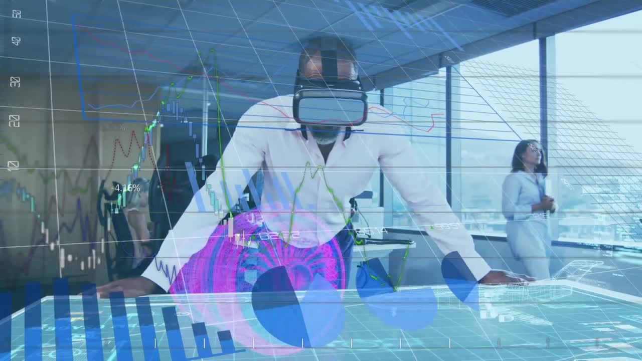Digital interface with data processing on african american businessman wearing vr headset at office
