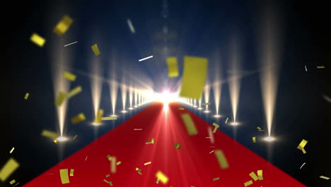 animation of gold confetti falling over red carpet venue with spotlights