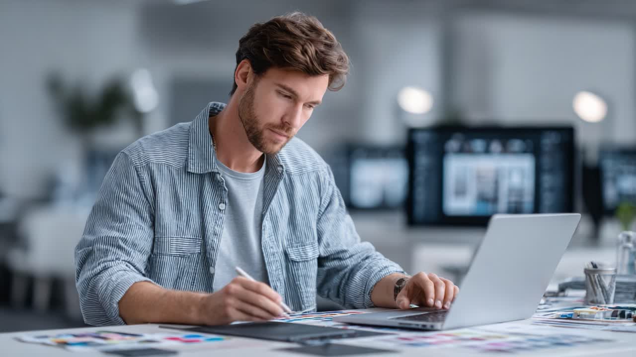 Fokuseret grafisk designer fordybet i kreativt arbejde på et moderne arbejdsområde, bruger bærbar computer, mens vedkommende skitserer ideer på en digital tablet omgivet af farverige designelementer