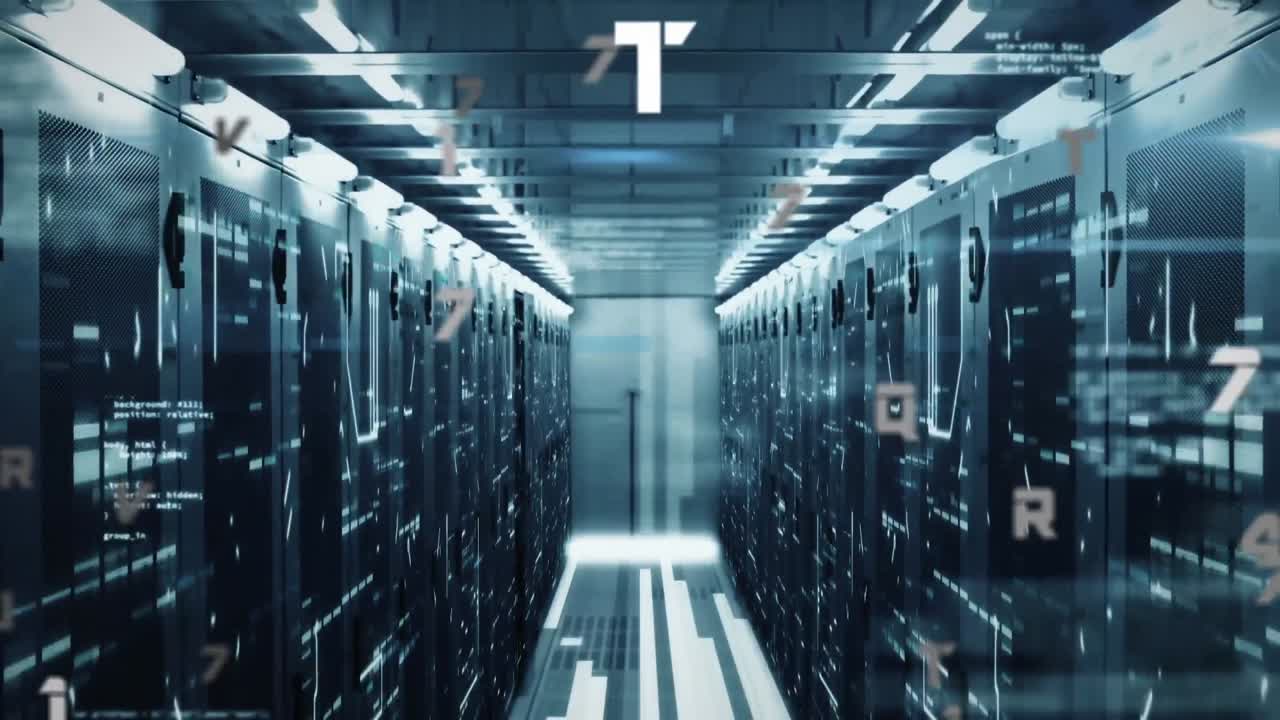 Animation of numbers changing over tech room with computer servers
