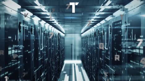 animación de números cambiando sobre la sala de tecnología con servidores de computadora