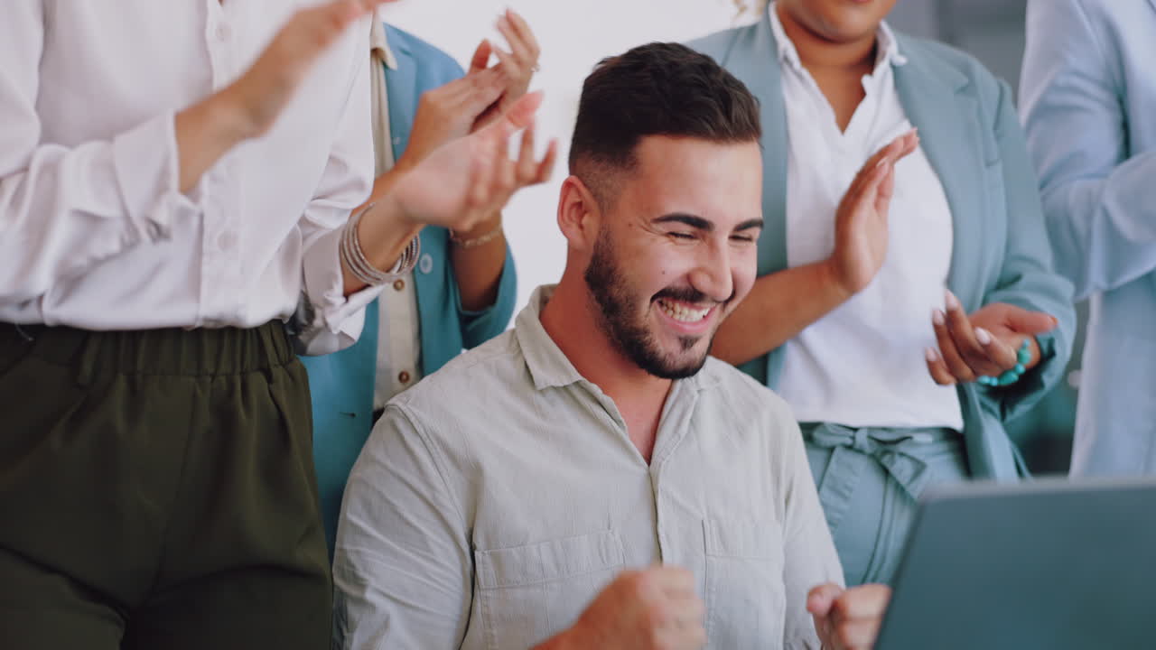 Clapping, laptop and winning people in office