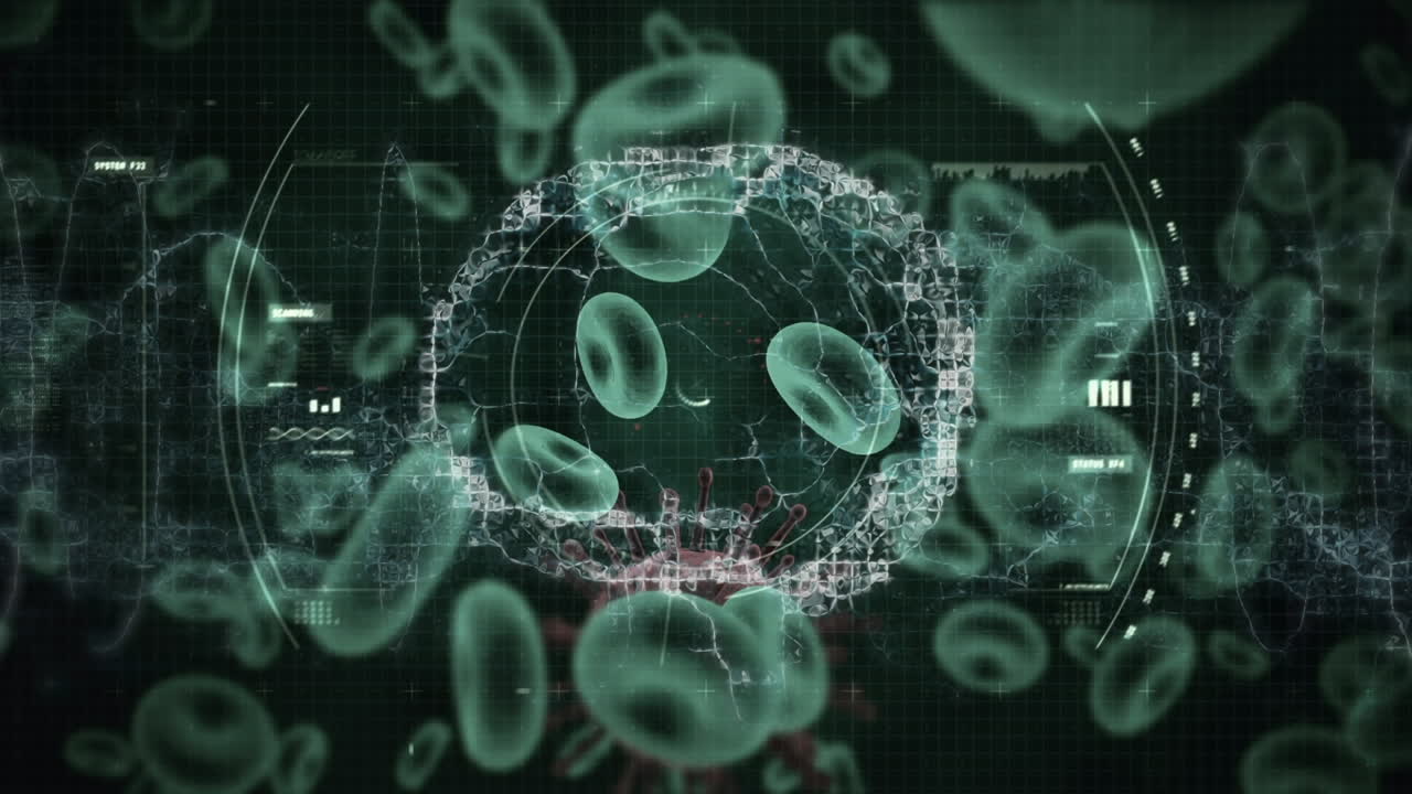 animación de escaneo de alcance y cerebro humano girando sobre las células de covid-19 flotando