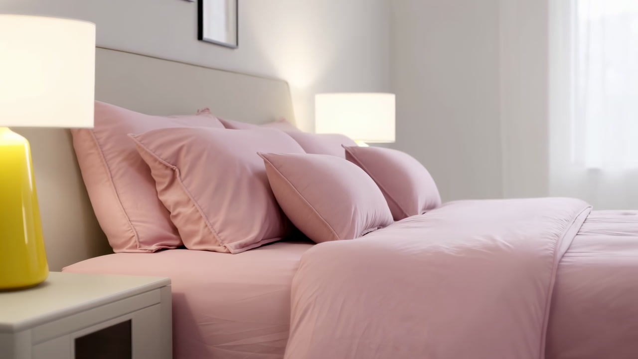Pink Bed With Yellow Lamp, Soft Natural Light, Layered Pillows And Pastel Linens, Ceramic Lamp On Nightstand,