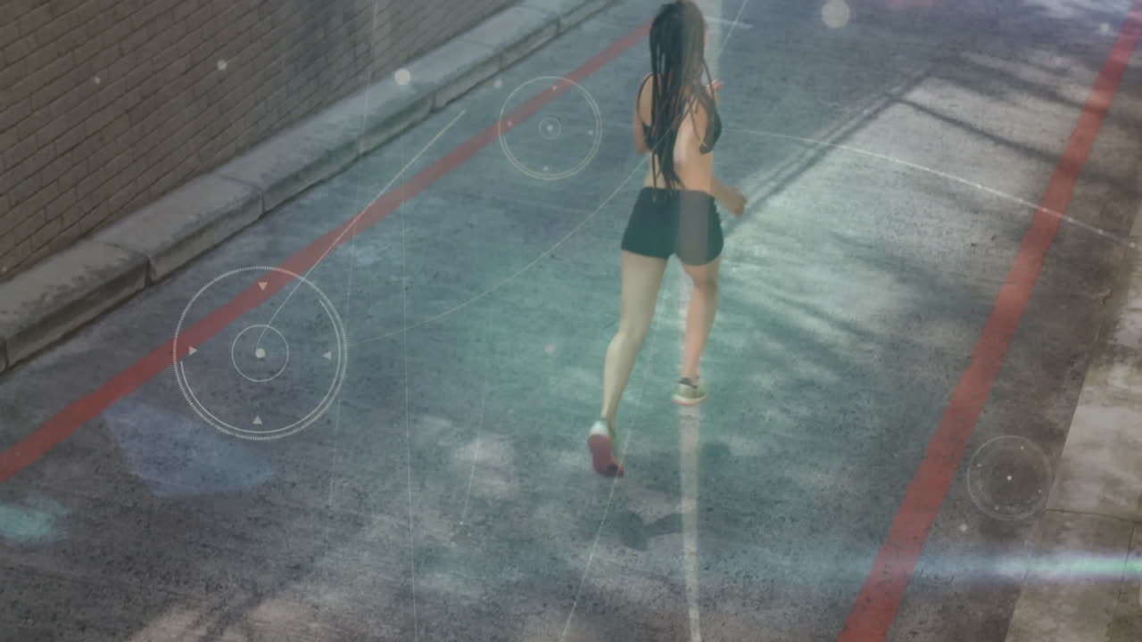 Running on street, woman with fitness tracking animation over her