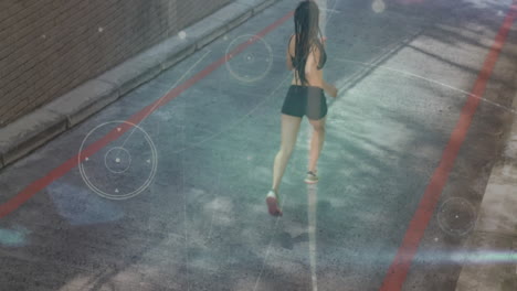 running on street, woman with fitness tracking animation over her