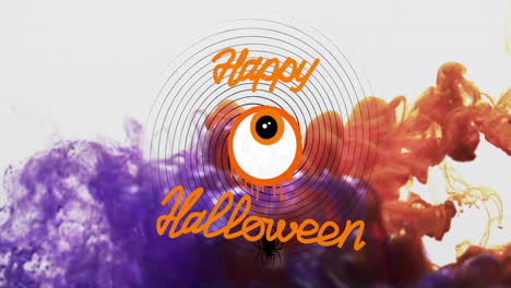 Animación-De-Texto-De-Feliz-Halloween-Y-Ojo-Sobre-Fondo-Morado-Y-Blanco