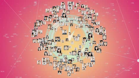 Animation-of-globe-made-of-photos-of-diverse-users-and-clock-over-pink-background