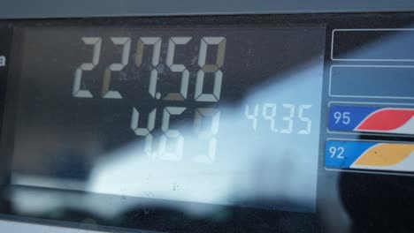 petrol pump displaying gasoline meter running at petrol gas station