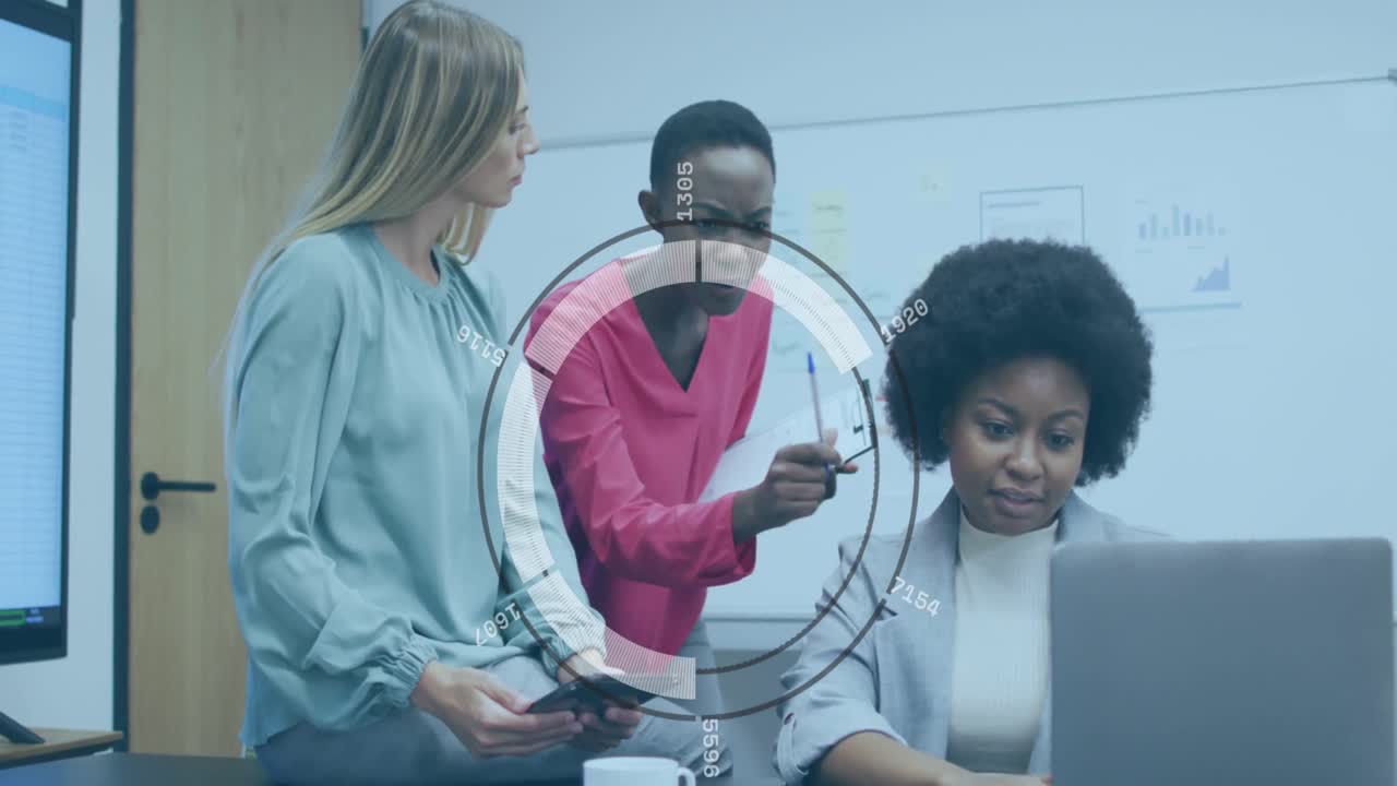 Animation of financial data processing over diverse business people
