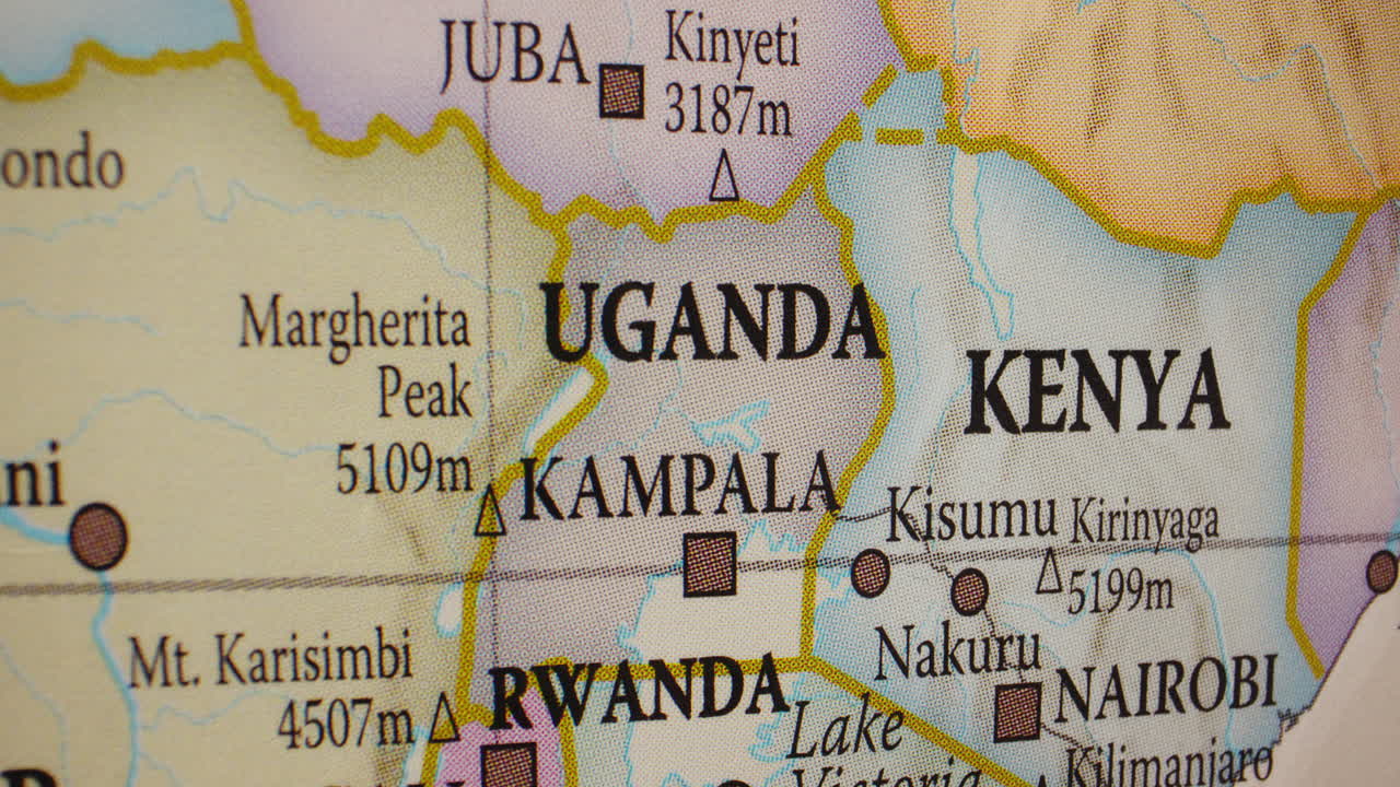 Close-up map of Uganda, Kenya, and Rwanda in East Africa