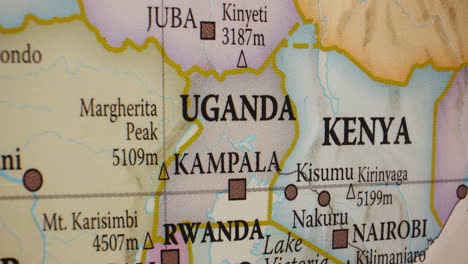 close-up map of uganda, kenya, and rwanda in east africa