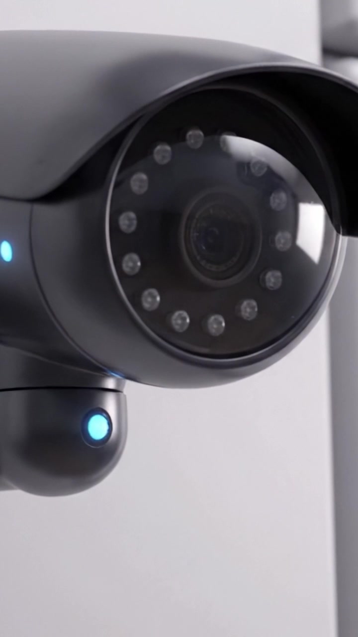 Close-Up Views of a Modern Surveillance Camera Featuring Advanced Lens and LED Indicators for Enhanced Security and Monitoring Capabilities in Contemporary Settings