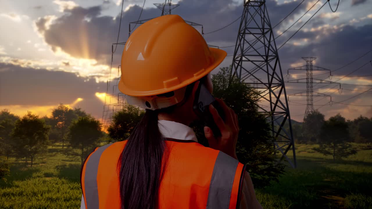 Engenheira de chapéu falando ao telefone perto de linhas de energia ao pôr do sol
