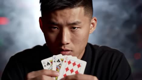 intense poker face: a player strategizes with a neat hand of cards surrounded by smoky ambiance, ready for a key moment in the game.