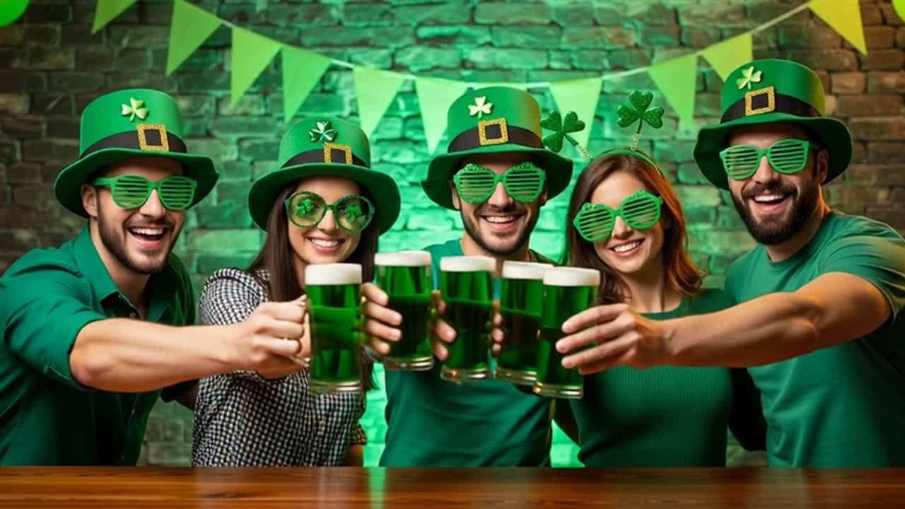 Friends celebrating st patrick's day toasting green beer