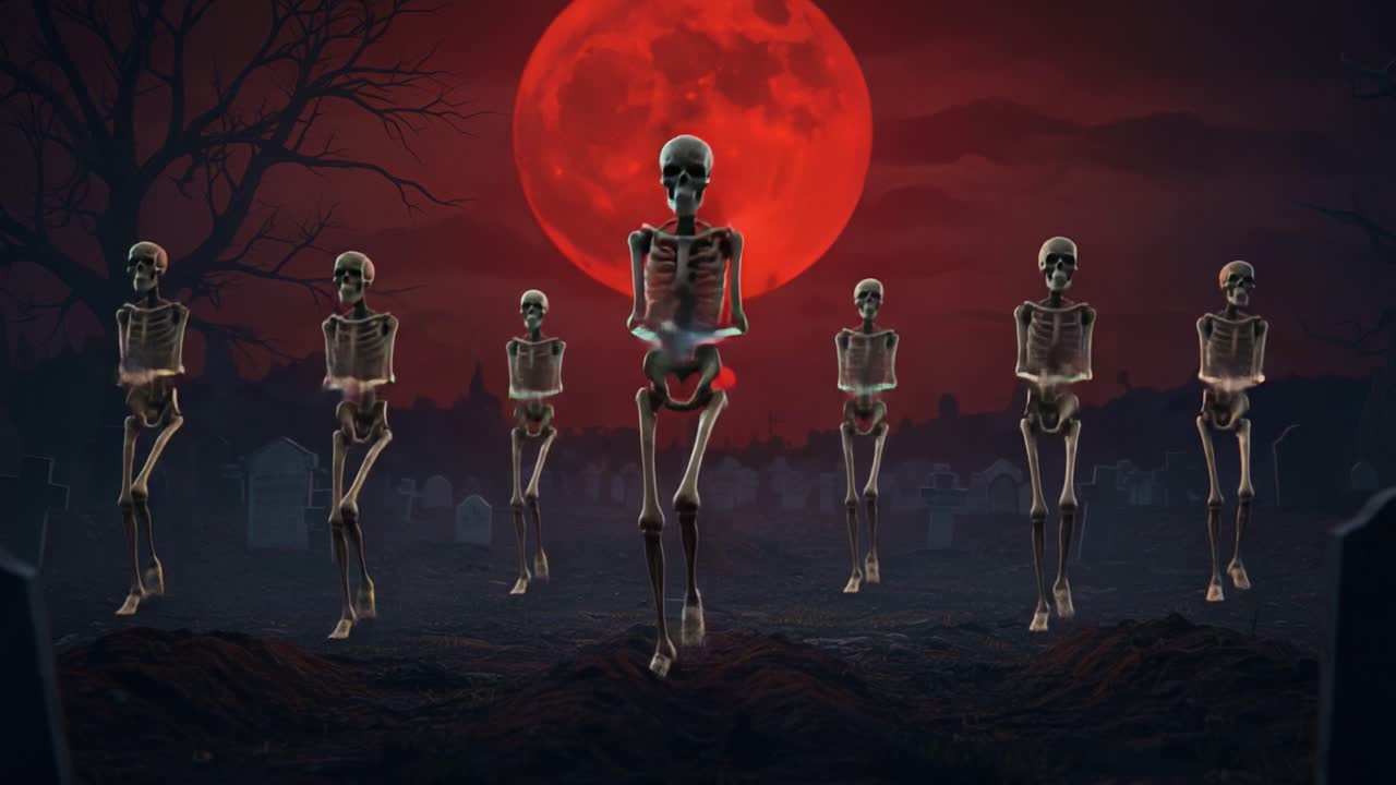A Spooky Dance Under the Blood Moon: Animated Skeletons Grooving in a Graveyard, Creating a Haunted Atmosphere of Fun and Fright