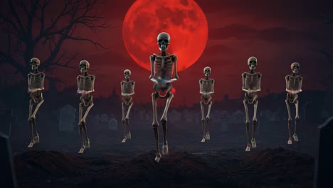 a spooky dance under the blood moon: animated skeletons grooving in a graveyard, creating a haunted atmosphere of fun and fright