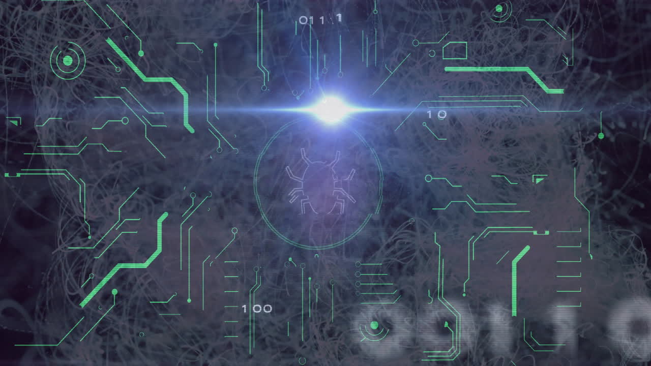 Digital spider animation with binary code and abstract light effects