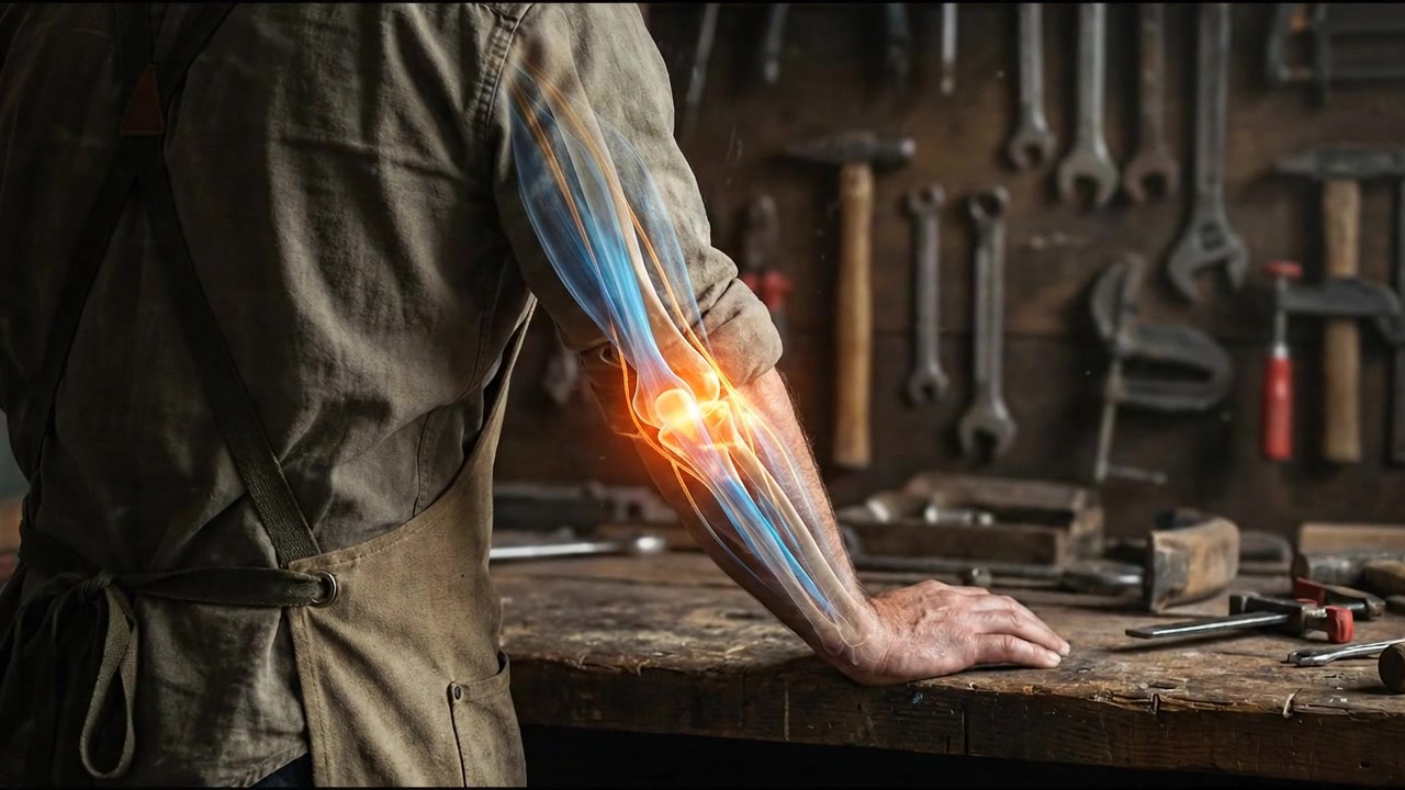 Worker in workshop holding sore elbow joint after hard work, horizontal 16:9 video