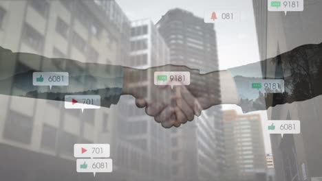 digital icon with increasing numbers over mid section of businessman and businesswoman shaking hands