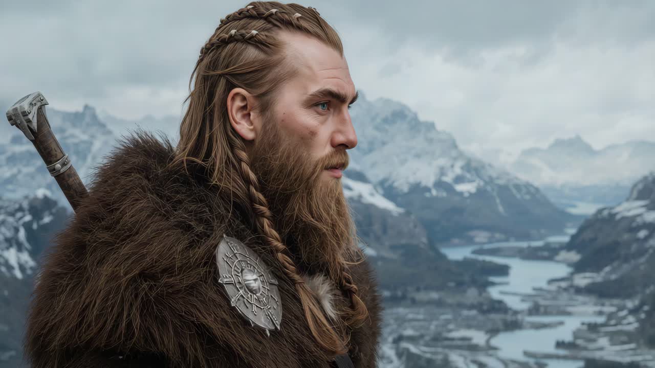 Viking Warrior Portrait in Mountain Landscape