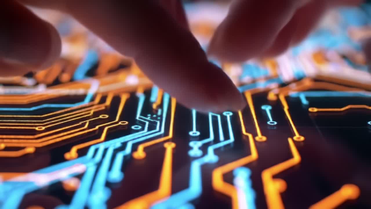 Exploring Intricate Circuit Patterns: A Close-Up of Digitized Finger Interactions on a Vibrant Electronic Interface with Glowing Lines and Nodes